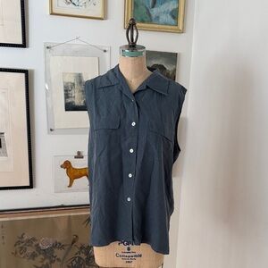 Vintage Silk Sleeveless Button-Up Shirt in Dark Gray Blue